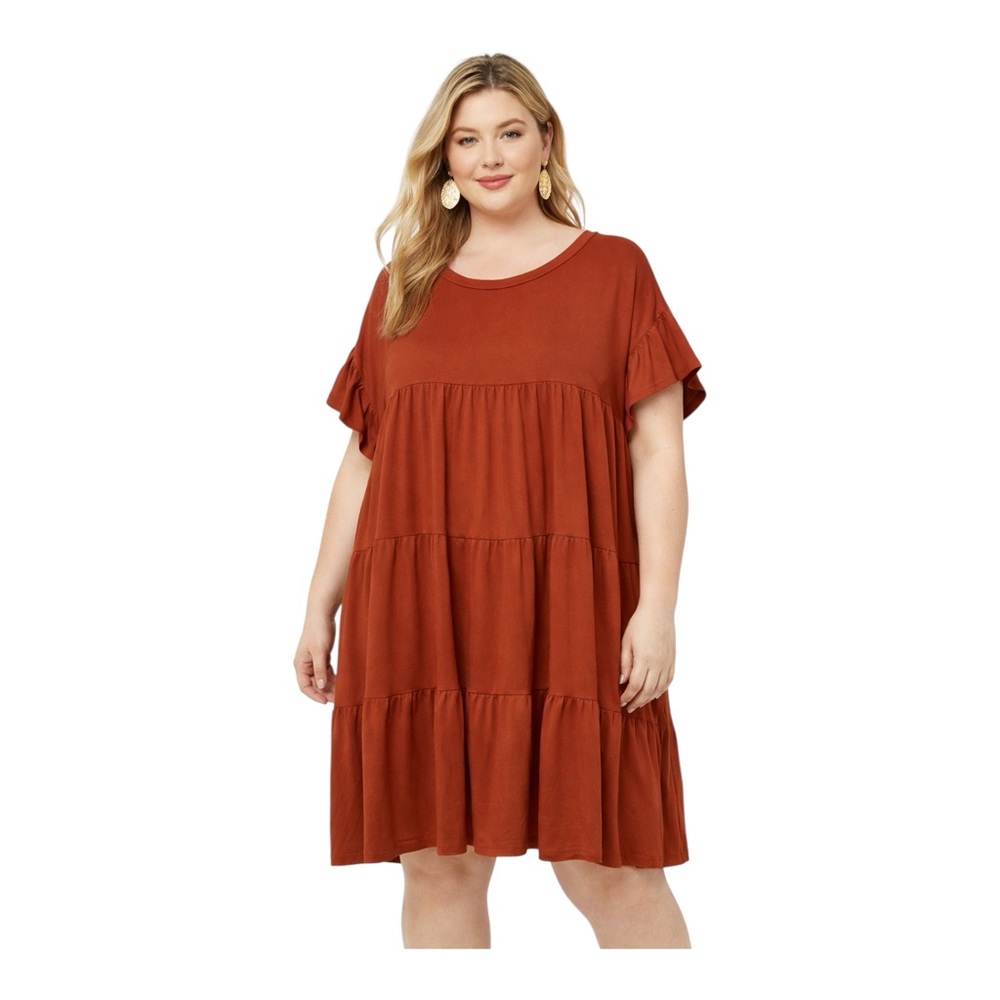 Entro Rust Tiered Babydoll Dress Ruffle Sleeve Boho 2X